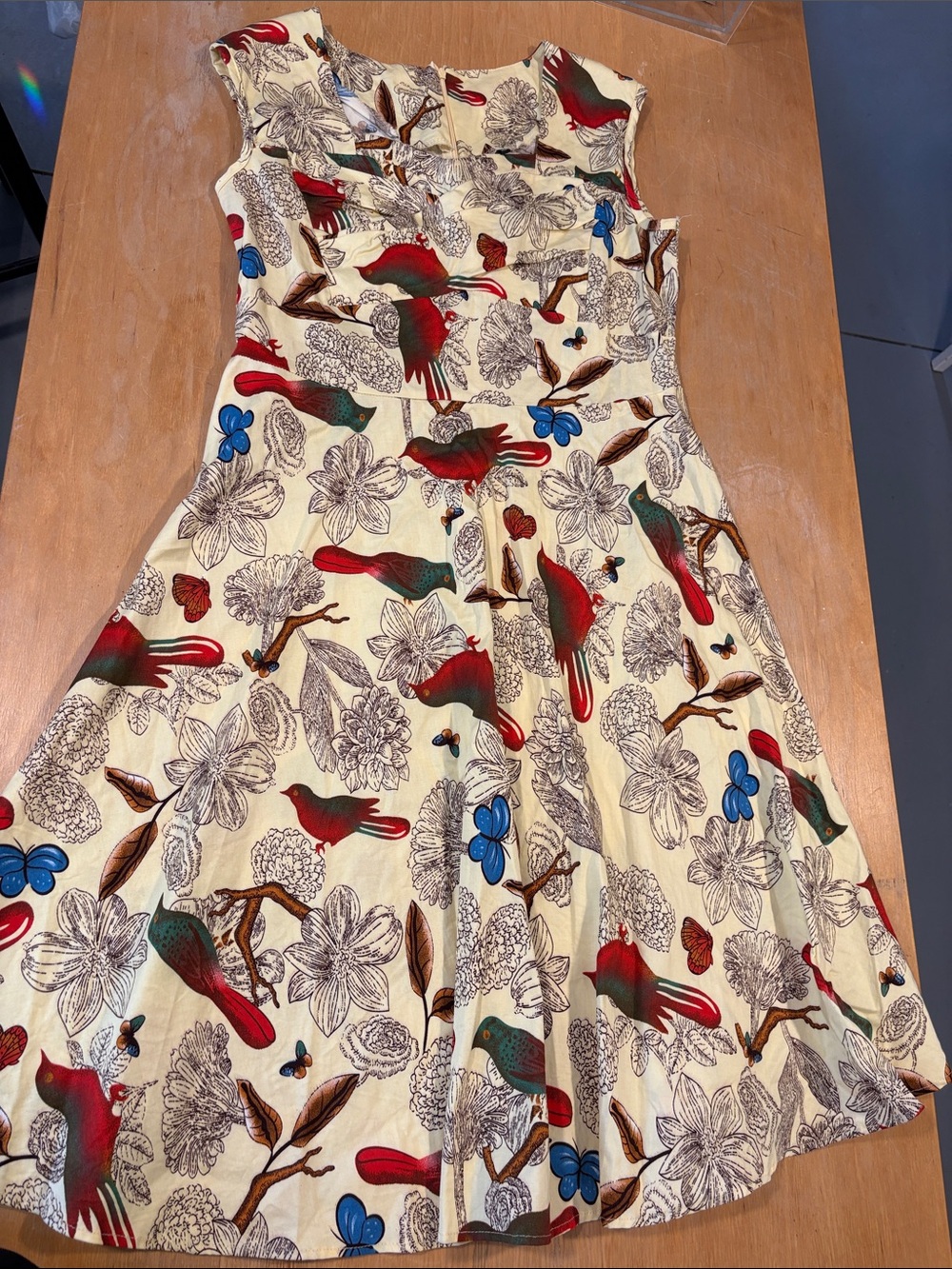 Source Unknown Cream Fit-and-Flare Dress with Red, Blue & Brown Bird Print